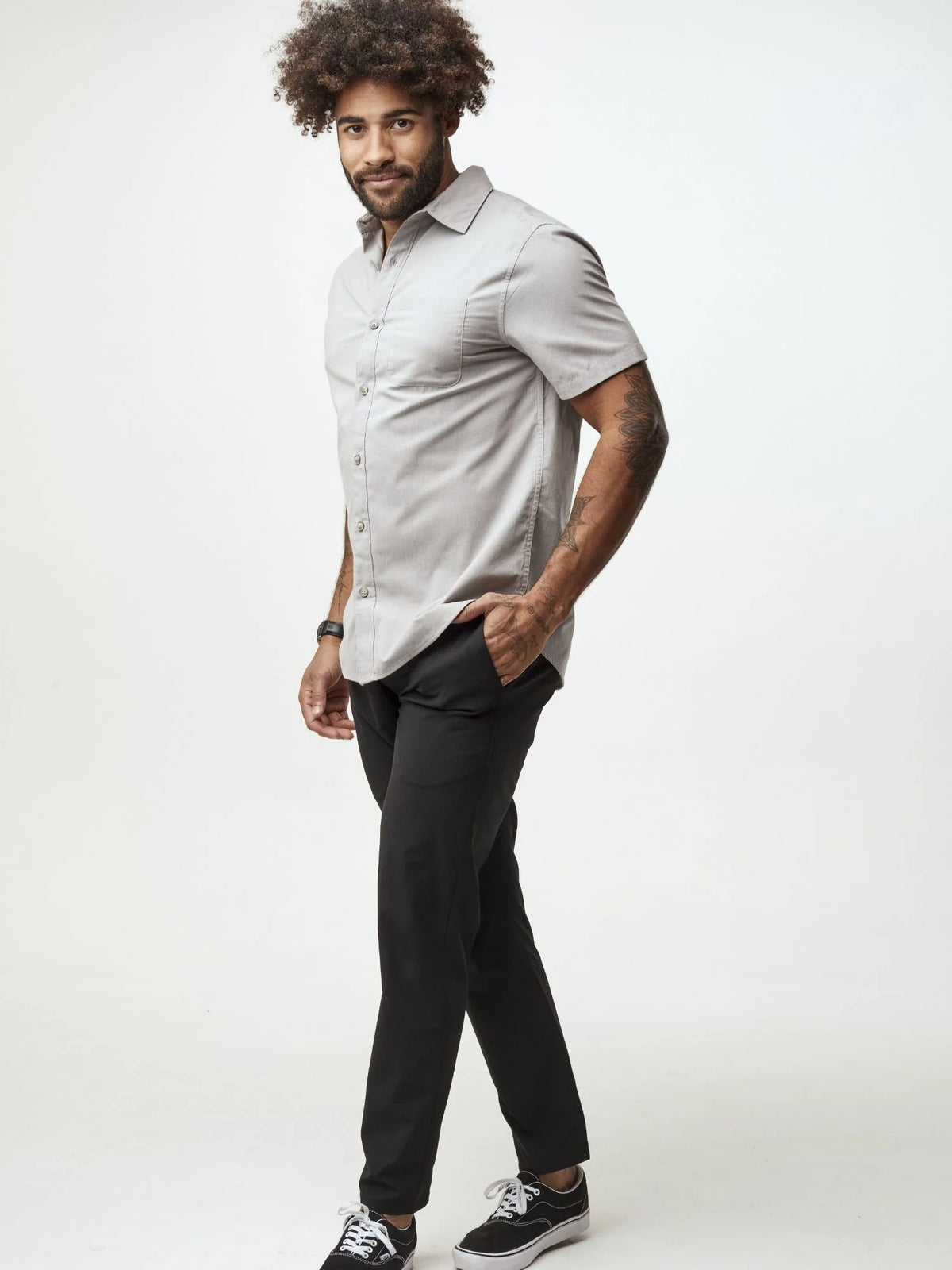 Vintage Grey Short Sleeve Stretch Button Up